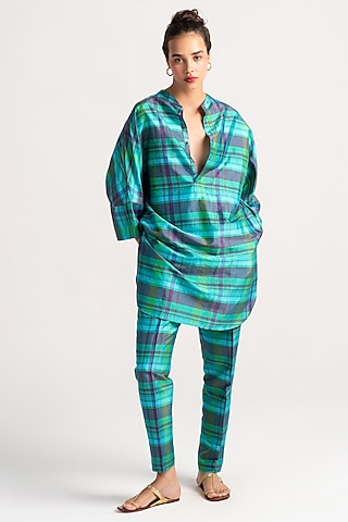 Aqua Silk Dupion Check Boot-Cut Trousers by SUKETDHIR