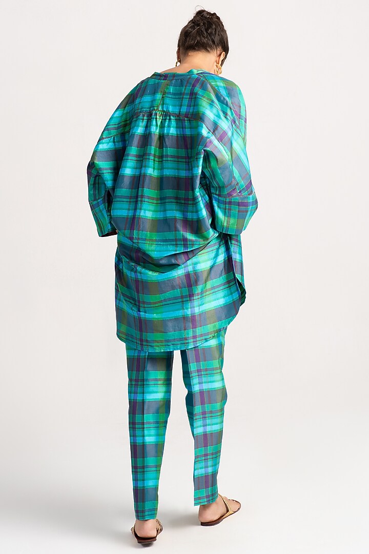 Aqua Silk Dupion Check Boot-Cut Trousers by SUKETDHIR at Pernia's Pop Up Shop
