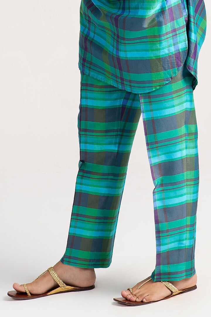 Aqua Silk Dupion Check Boot-Cut Trousers by SUKETDHIR at Pernia's Pop Up Shop