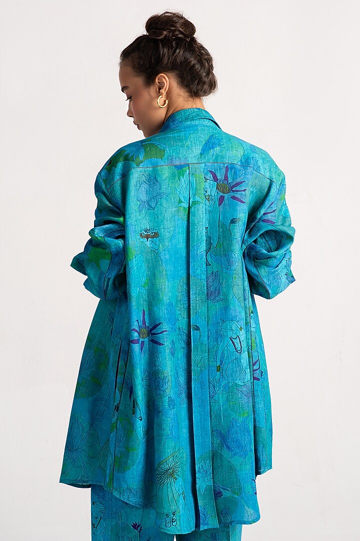 Aqua Linen Shirt by SUKETDHIR at Pernia's Pop Up Shop