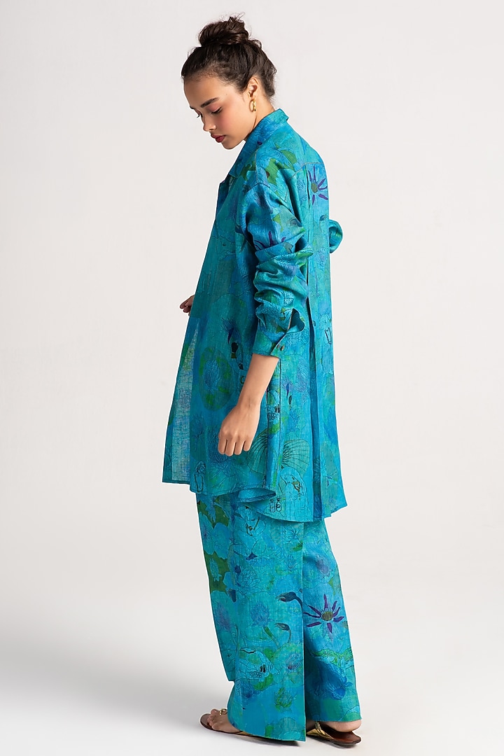 Aqua Linen Trousers by SUKETDHIR at Pernia's Pop Up Shop
