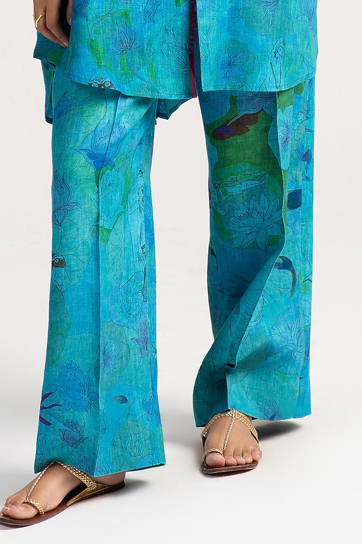Aqua Linen Trousers by SUKETDHIR at Pernia's Pop Up Shop