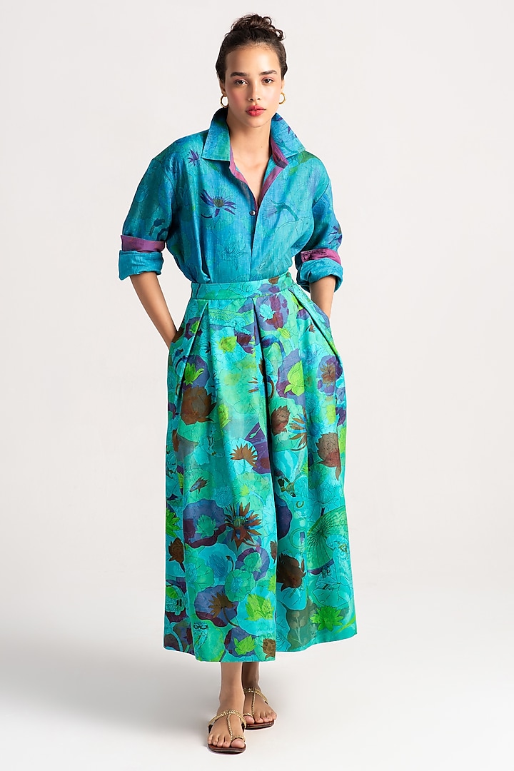 Aqua Silk Damask Midi Skirt by SUKETDHIR at Pernia's Pop Up Shop