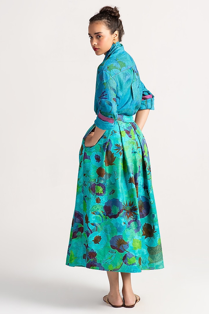Aqua Silk Damask Midi Skirt by SUKETDHIR at Pernia's Pop Up Shop