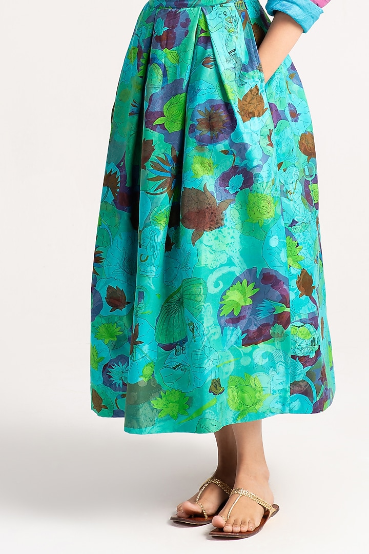 Aqua Silk Damask Midi Skirt by SUKETDHIR at Pernia's Pop Up Shop