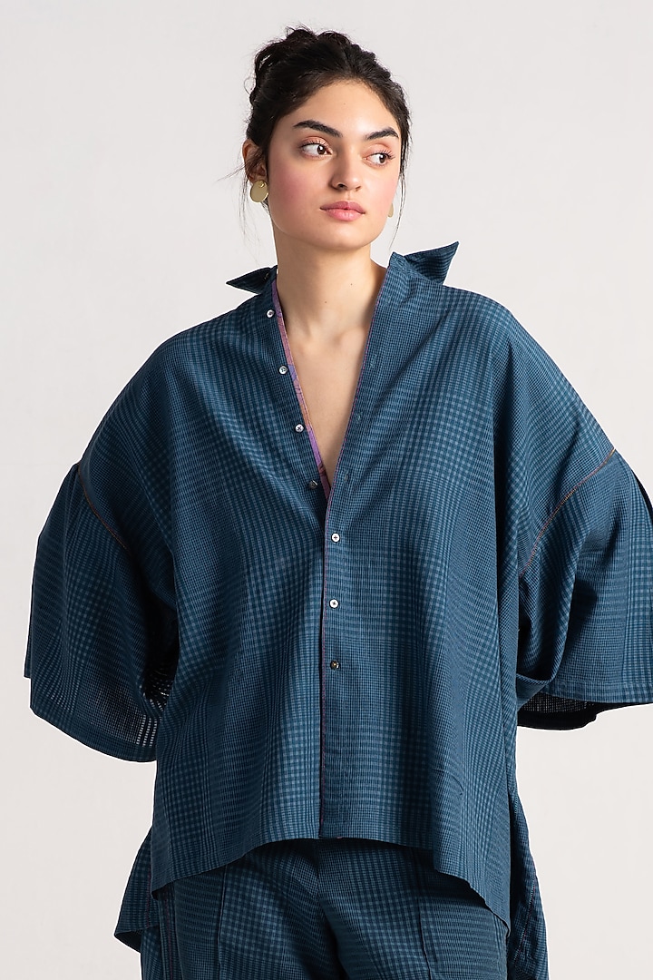 Teal Cotton Silk Check Shirt by SUKETDHIR at Pernia's Pop Up Shop