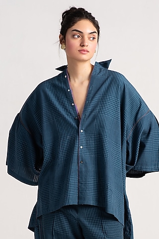 Teal Cotton Silk Check Shirt by SUKETDHIR