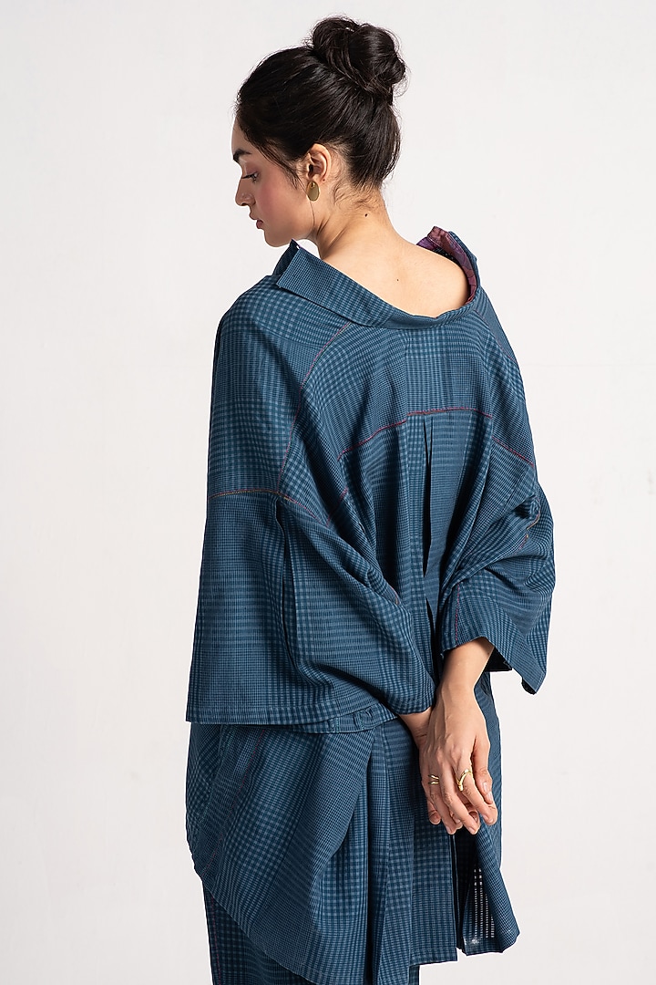 Teal Cotton Silk Check Shirt by SUKETDHIR at Pernia's Pop Up Shop