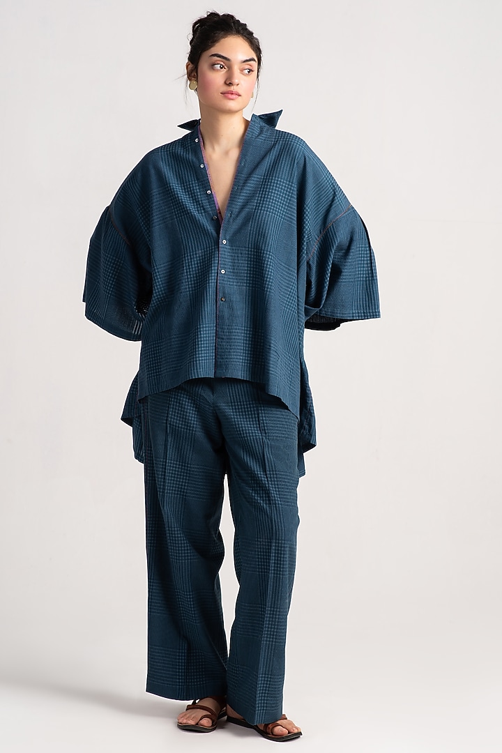 Teal Cotton Silk Check Shirt by SUKETDHIR at Pernia's Pop Up Shop