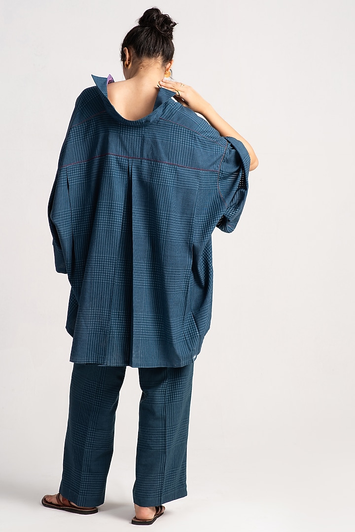 Teal Cotton Silk Check Shirt by SUKETDHIR at Pernia's Pop Up Shop