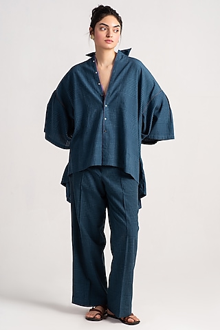 Teal Cotton Silk Check Trousers by SUKETDHIR
