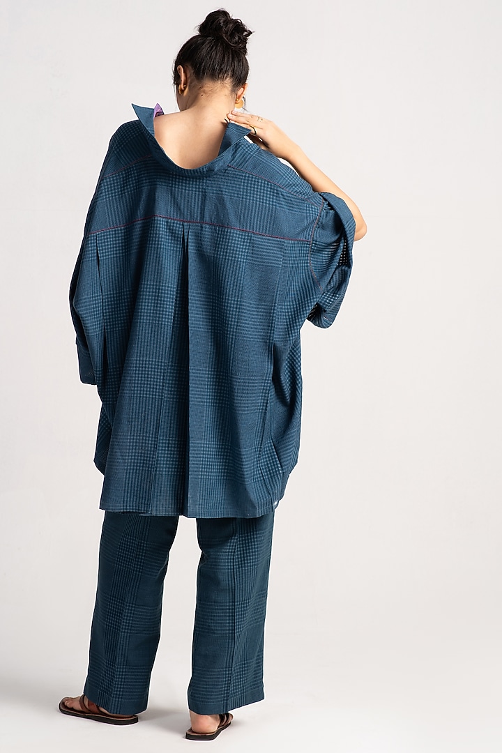 Teal Cotton Silk Check Trousers by SUKETDHIR at Pernia's Pop Up Shop