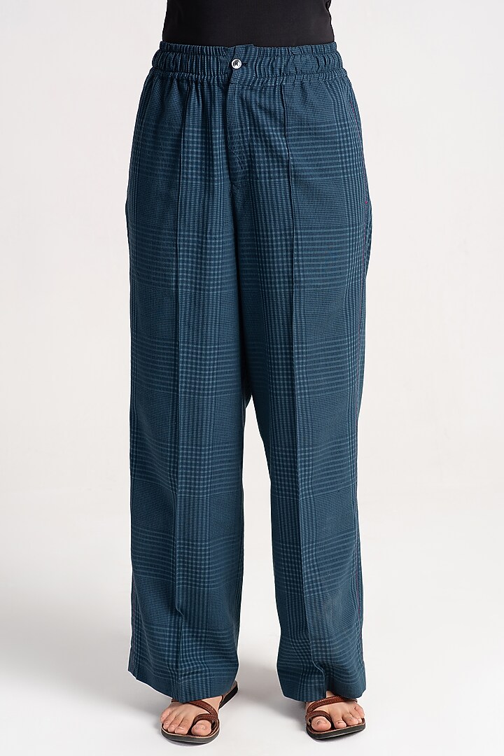 Teal Cotton Silk Check Trousers by SUKETDHIR at Pernia's Pop Up Shop