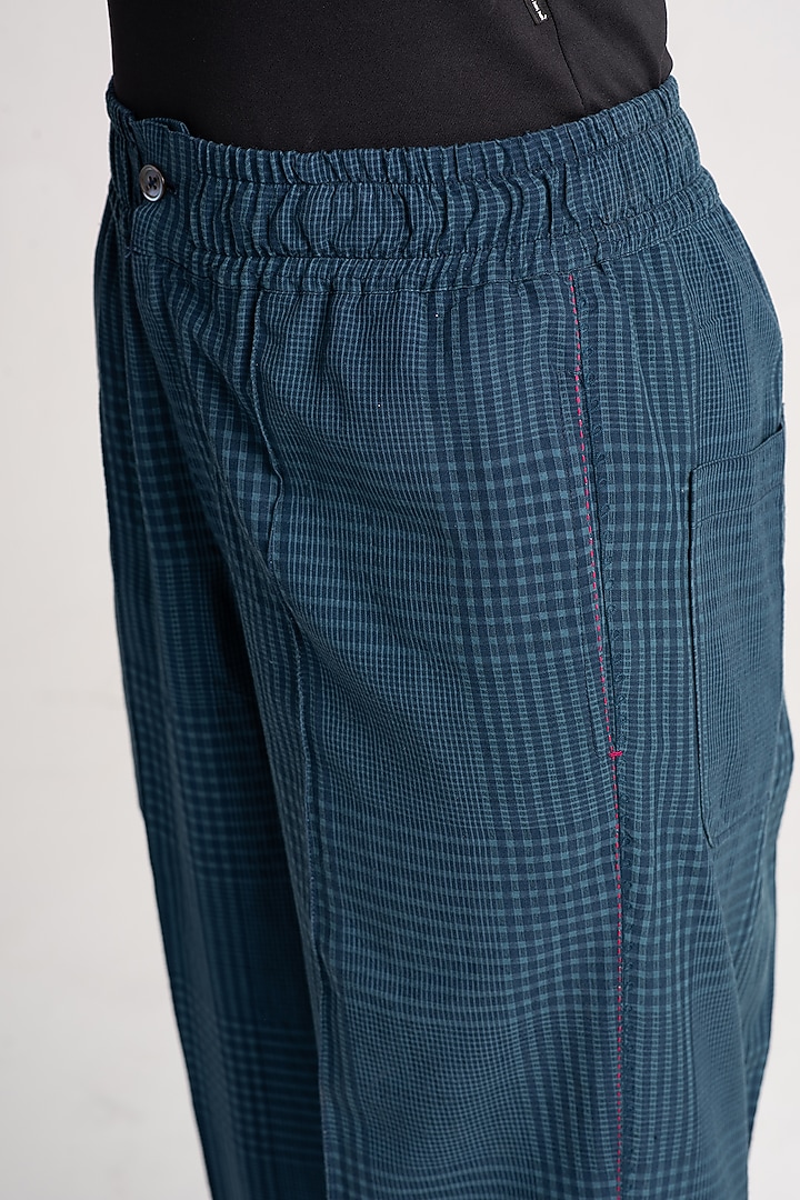 Teal Cotton Silk Check Trousers by SUKETDHIR at Pernia's Pop Up Shop