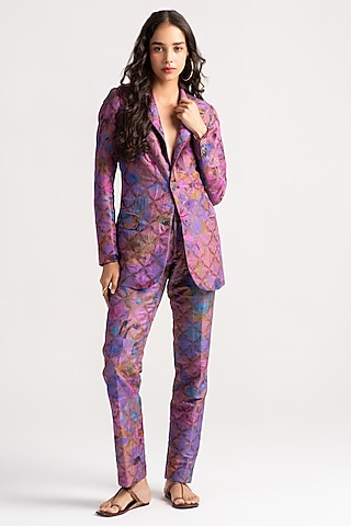 Amethyst Sacred Purple Silk Brocade Bootcut Trousers by SUKETDHIR