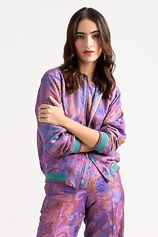 Amethyst Sacred Purple Silk Bomber Jacket by SUKETDHIR