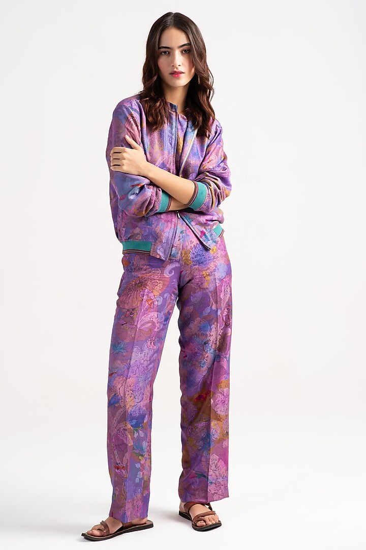 Amethyst Sacred Purple Silk Bomber Jacket by SUKETDHIR at Pernia's Pop Up Shop