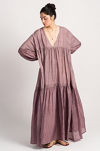 Dusty Mauve Silk Maxi Dress by SUKETDHIR
