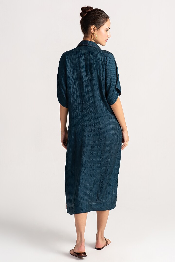 Teal Silk Midi Vacation Dress by SUKETDHIR at Pernia's Pop Up Shop