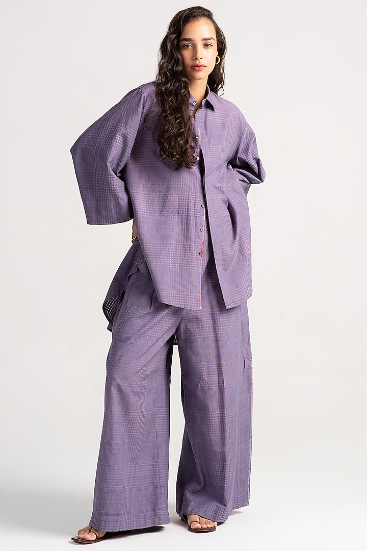 Lilac Cotton Silk Trousers by SUKETDHIR at Pernia's Pop Up Shop