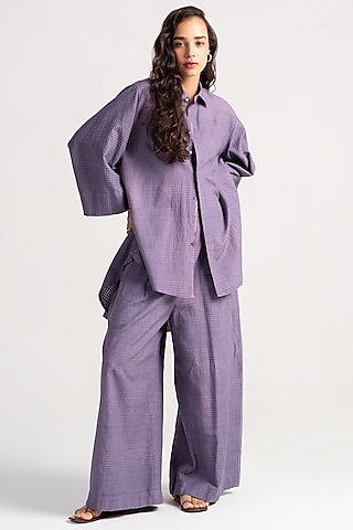 Lilac Cotton Silk Trousers by SUKETDHIR