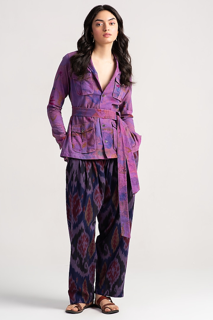 Navy & Wine Cotton Ikat Trousers by SUKETDHIR at Pernia's Pop Up Shop