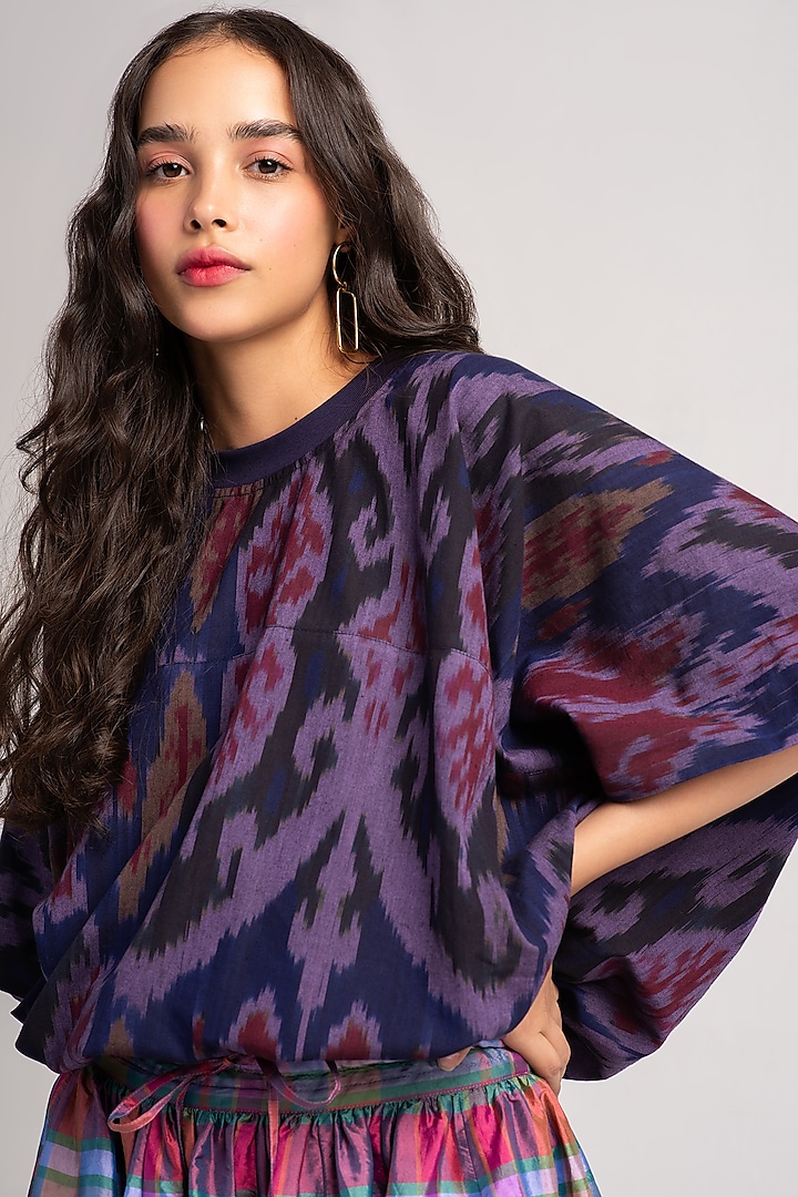 Navy & Wine Cotton Ikat Top by SUKETDHIR at Pernia's Pop Up Shop