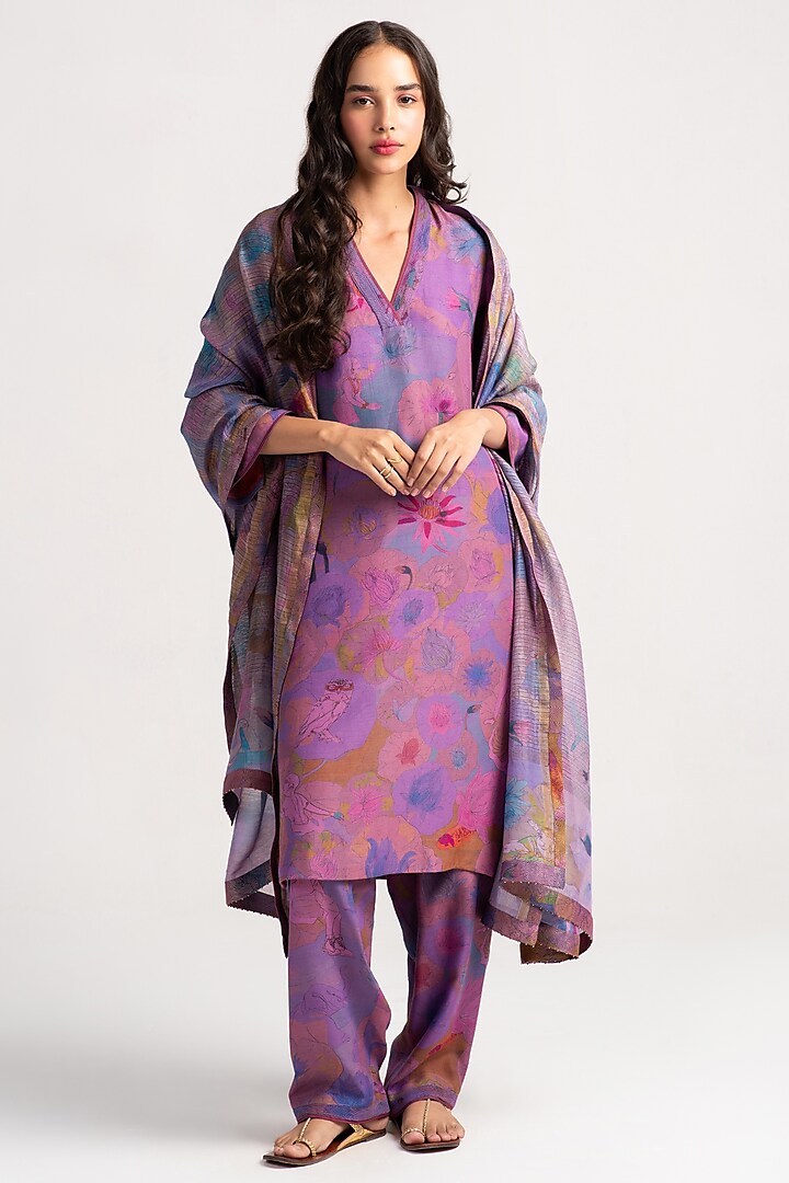 Amethyst Sacred Purple Muga Satin Silk Salwar Pants by SUKETDHIR at Pernia's Pop Up Shop