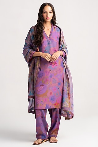 Amethyst Sacred Purple Muga Satin Silk Salwar Pants by SUKETDHIR