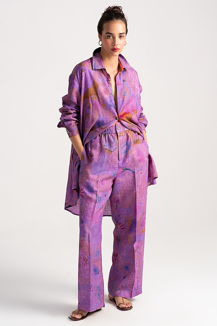 Amethyst Sacred Purple Linen Trousers by SUKETDHIR at Pernia's Pop Up Shop