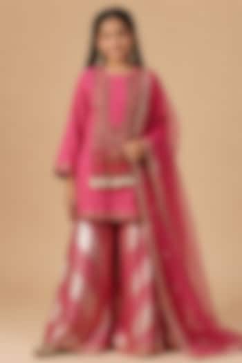 Hot Pink Lurex Georgette Zari & Resham Embroidered Sharara Set For Girls by Arpita Sulakshana Kids at Pernia's Pop Up Shop