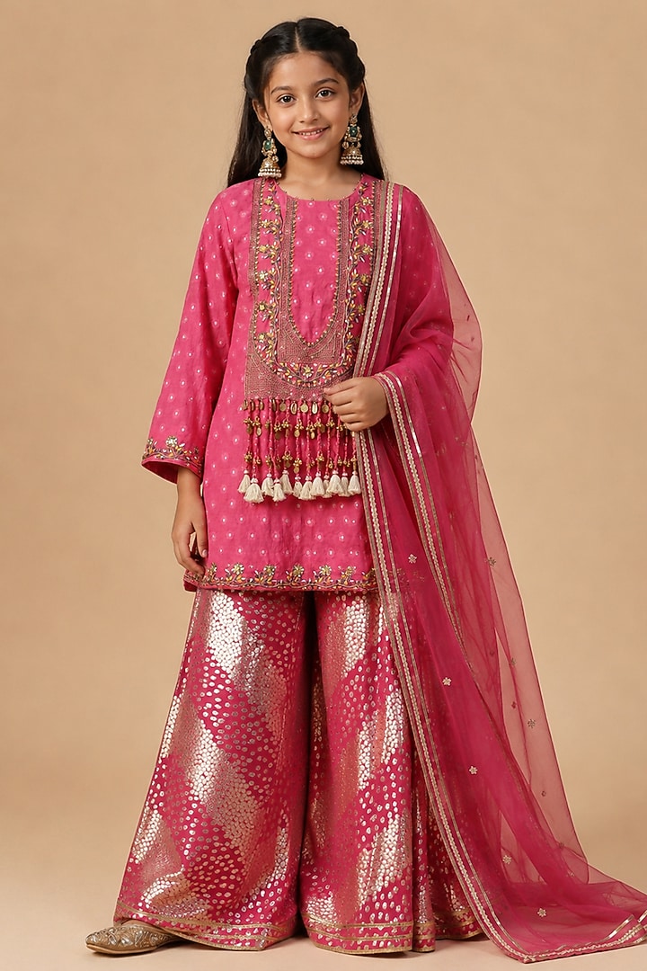 Hot Pink Lurex Georgette Zari & Resham Embroidered Sharara Set For Girls by Arpita Sulakshana Kids at Pernia's Pop Up Shop