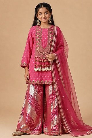 Hot Pink Lurex Georgette Zari & Resham Embroidered Sharara Set For Girls by Arpita Sulakshana Kids