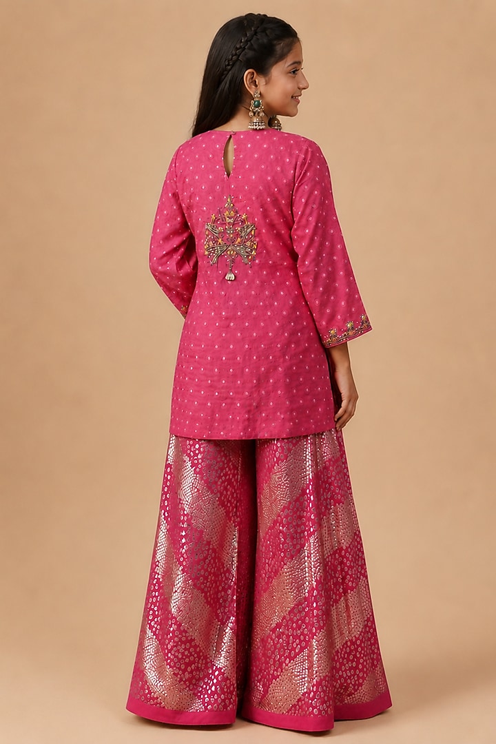 Hot Pink Lurex Georgette Zari & Resham Embroidered Sharara Set For Girls by Arpita Sulakshana Kids at Pernia's Pop Up Shop