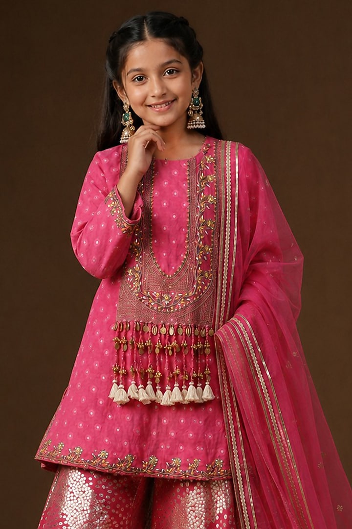 Hot Pink Lurex Georgette Zari & Resham Embroidered Sharara Set For Girls by Arpita Sulakshana Kids at Pernia's Pop Up Shop