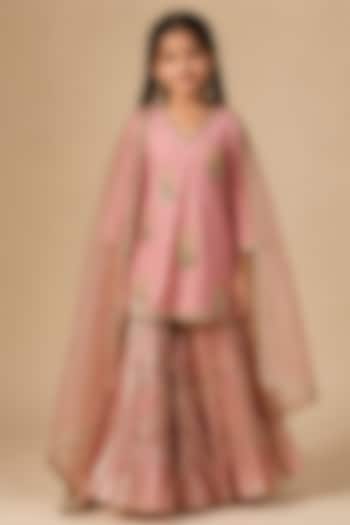 Blush Pink Lurex Georgette Hand Painted & Resham Embroidered Sharara Set For Girls by Arpita Sulakshana Kids at Pernia's Pop Up Shop