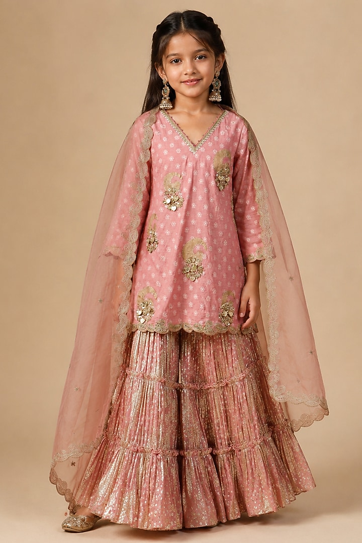 Blush Pink Lurex Georgette Hand Painted & Resham Embroidered Sharara Set For Girls by Arpita Sulakshana Kids at Pernia's Pop Up Shop