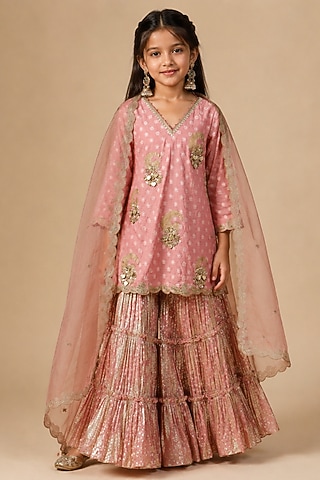 Blush Pink Lurex Georgette Hand Painted & Resham Embroidered Sharara Set For Girls by Arpita Sulakshana Kids