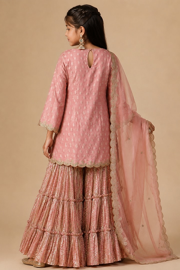 Blush Pink Lurex Georgette Hand Painted & Resham Embroidered Sharara Set For Girls by Arpita Sulakshana Kids at Pernia's Pop Up Shop