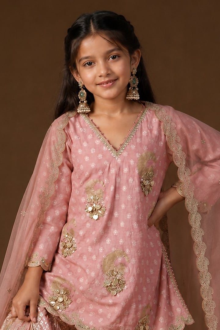 Blush Pink Lurex Georgette Hand Painted & Resham Embroidered Sharara Set For Girls by Arpita Sulakshana Kids at Pernia's Pop Up Shop