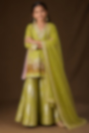 Lime Lurex Georgette Hand Painted & Dori Embroidered Sharara Set For Girls by Arpita Sulakshana Kids at Pernia's Pop Up Shop