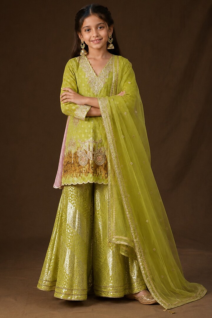Lime Lurex Georgette Hand Painted & Dori Embroidered Sharara Set For Girls by Arpita Sulakshana Kids at Pernia's Pop Up Shop