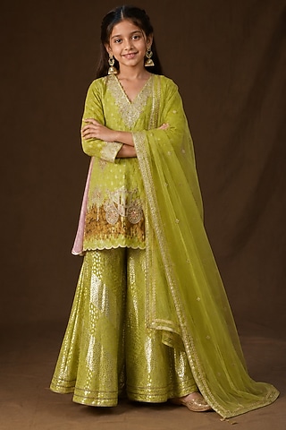 Lime Lurex Georgette Hand Painted & Dori Embroidered Sharara Set For Girls by Arpita Sulakshana Kids
