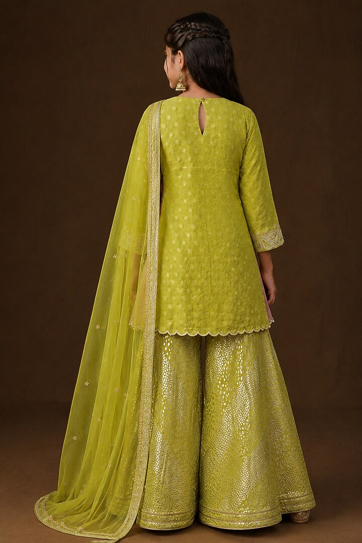 Lime Lurex Georgette Hand Painted & Dori Embroidered Sharara Set For Girls by Arpita Sulakshana Kids at Pernia's Pop Up Shop
