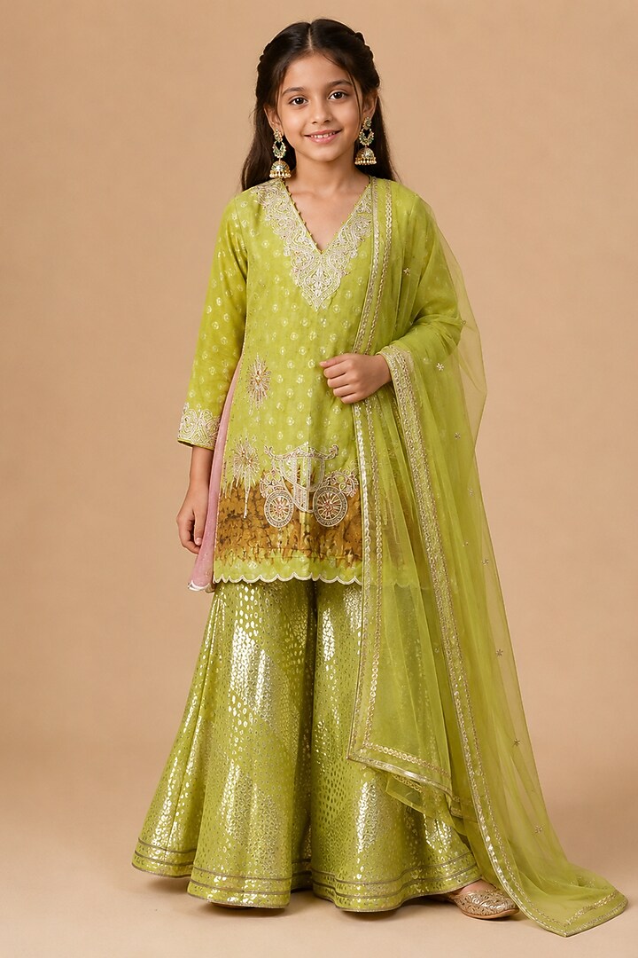 Lime Lurex Georgette Hand Painted & Dori Embroidered Sharara Set For Girls by Arpita Sulakshana Kids at Pernia's Pop Up Shop