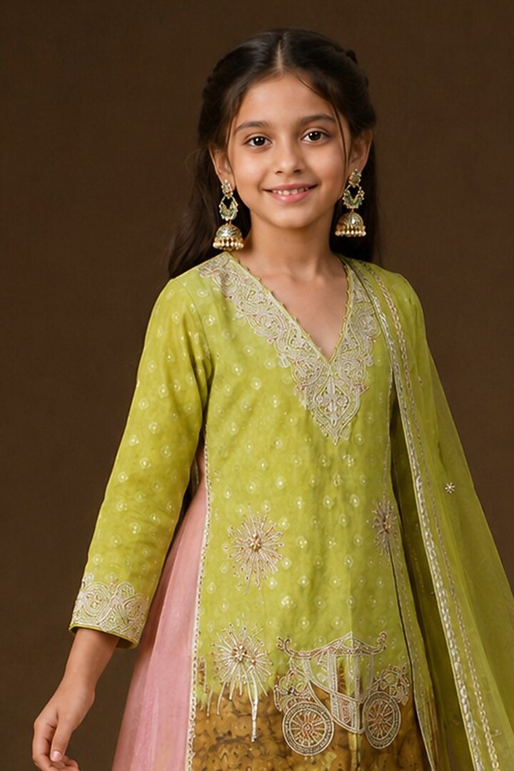 Lime Lurex Georgette Hand Painted & Dori Embroidered Sharara Set For Girls by Arpita Sulakshana Kids at Pernia's Pop Up Shop