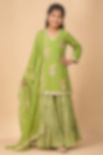 Neon Green Lurex Georgette Hand Painted Moti Embroidered Sharara Set For Girls by Arpita Sulakshana Kids at Pernia's Pop Up Shop