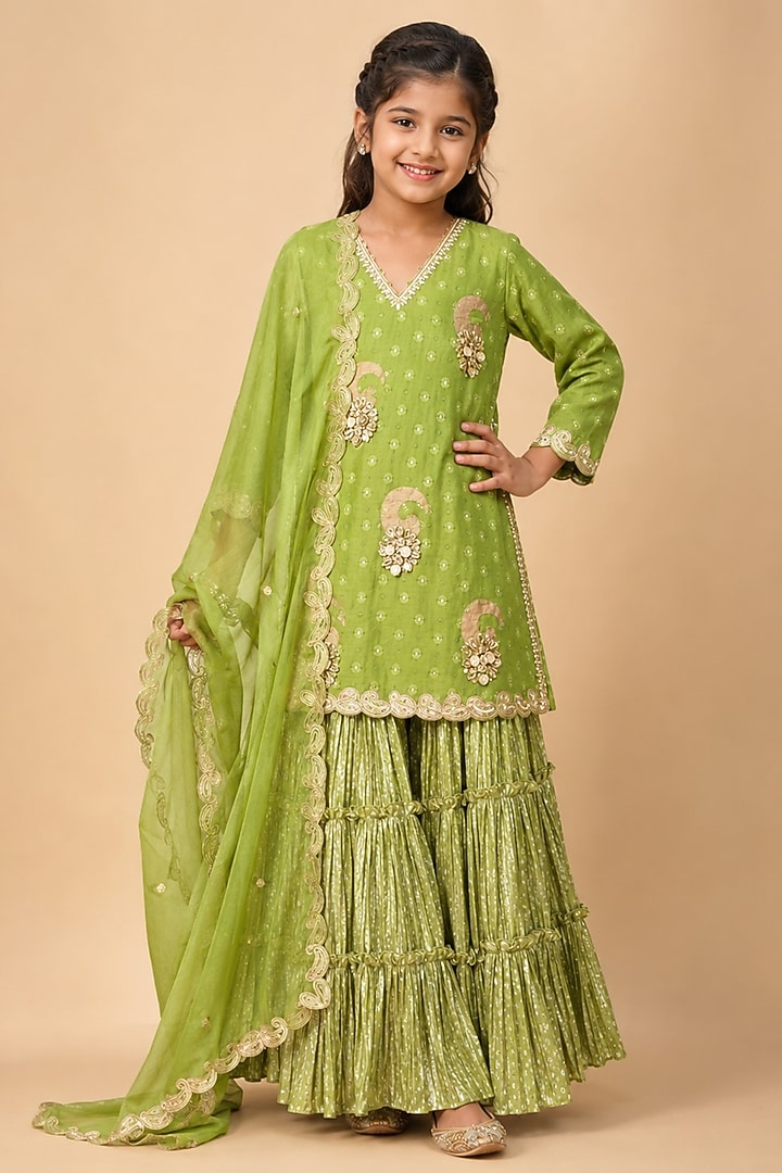 Neon Green Lurex Georgette Hand Painted Moti Embroidered Sharara Set For Girls by Arpita Sulakshana Kids at Pernia's Pop Up Shop
