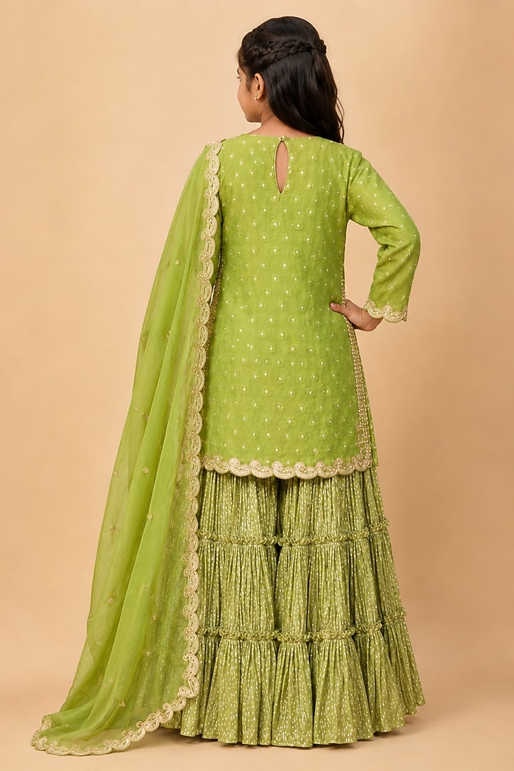 Neon Green Lurex Georgette Hand Painted Moti Embroidered Sharara Set For Girls by Arpita Sulakshana Kids at Pernia's Pop Up Shop