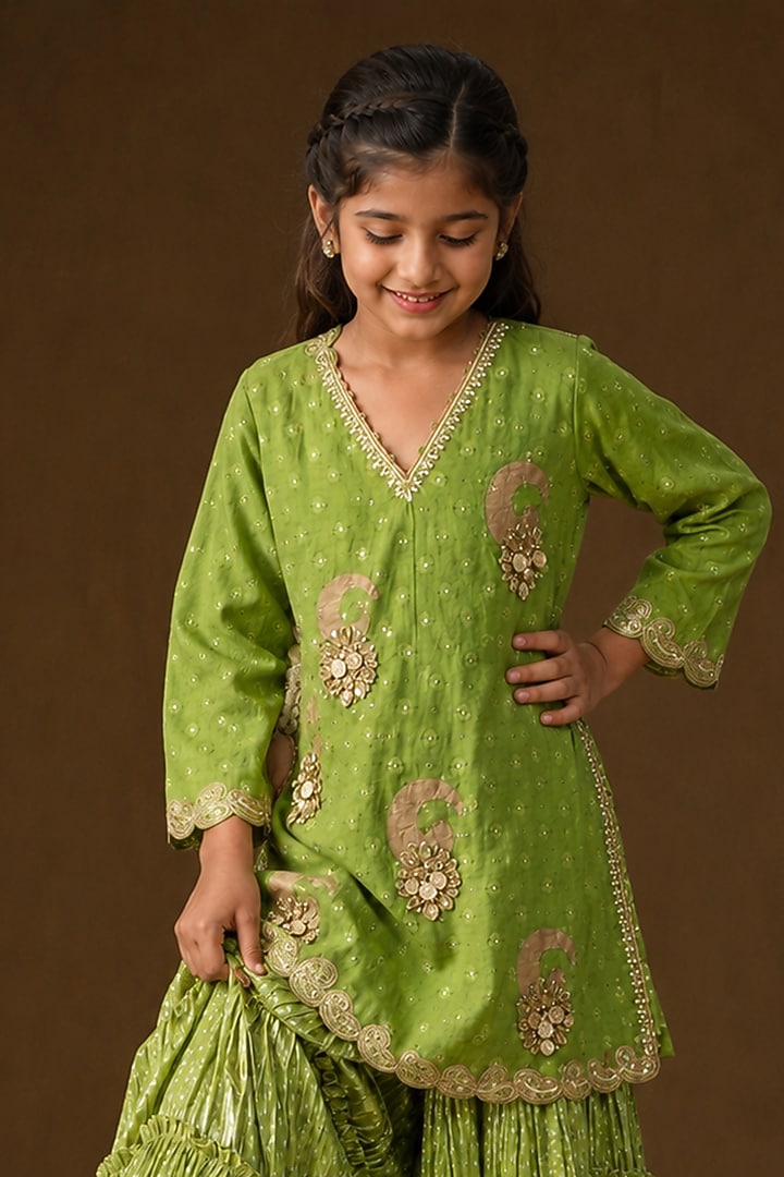 Neon Green Lurex Georgette Hand Painted Moti Embroidered Sharara Set For Girls by Arpita Sulakshana Kids at Pernia's Pop Up Shop